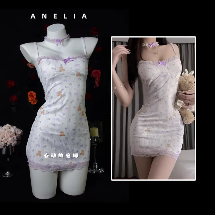 心动的安娜玩偶 纯欲风甜美碎花辣妹修身包臀裙蕾丝拼接性感睡裙