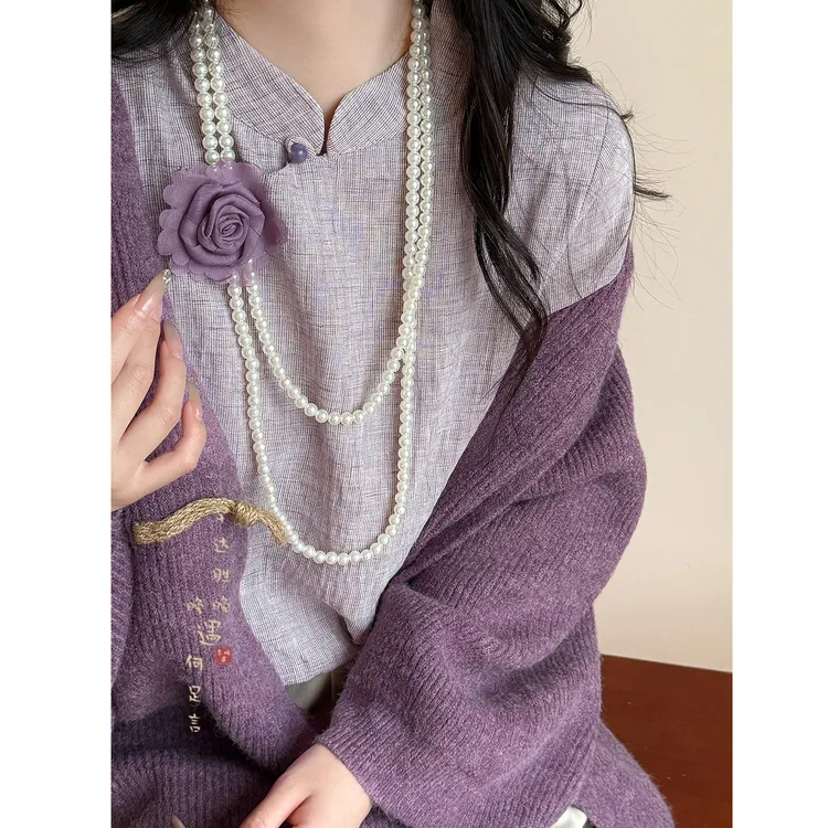 非金属树脂项链 紫色玫瑰珍珠项链女小众轻奢秋冬叠戴毛衣链配饰