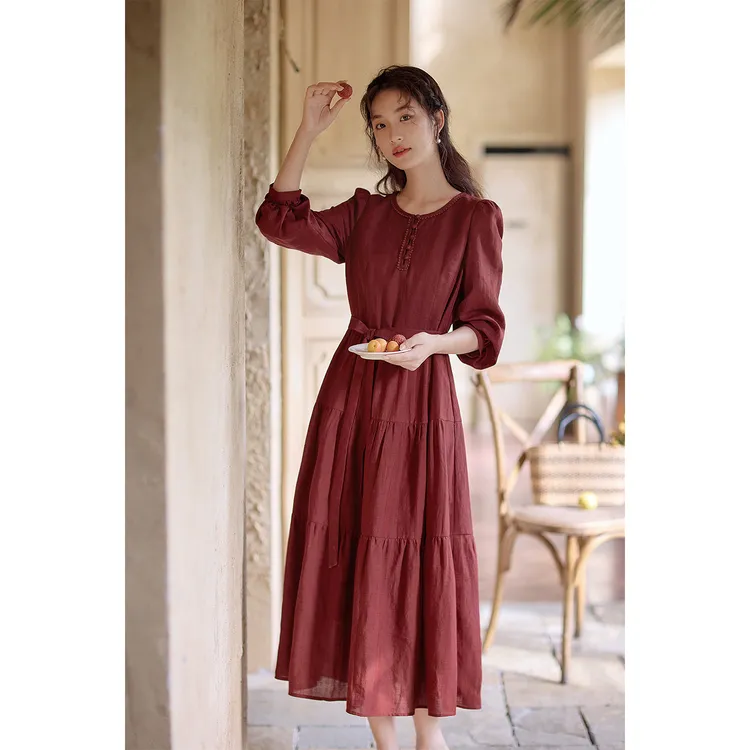 红念红色天丝苎麻连衣裙女长袖秋季2025新款女装收腰显瘦大摆裙子