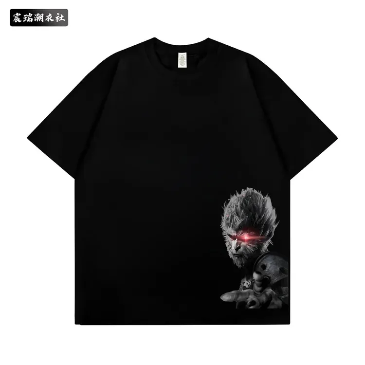 夏季休闲复古港风创意黑悟空印花男青年痞帅纯棉重磅圆领潮流短袖