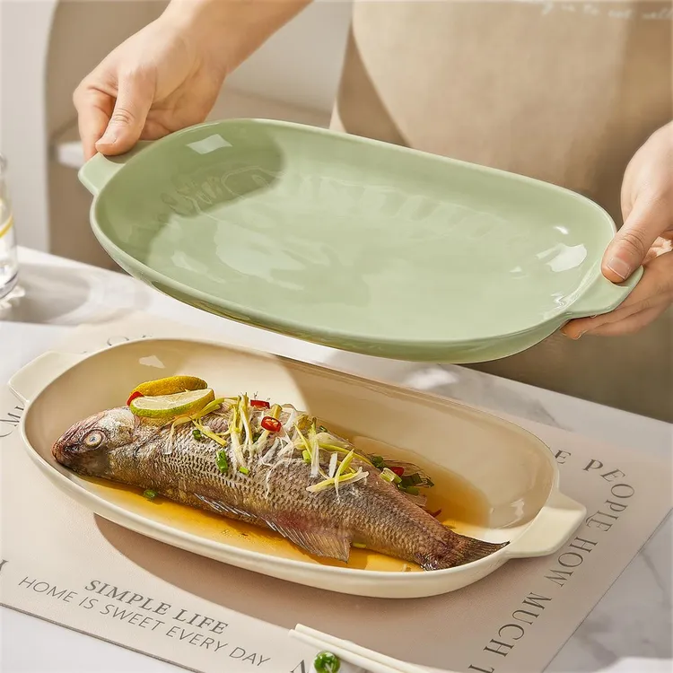 奶油风鱼盘家用蒸鱼盘子2025新款双耳鱼盆餐具高级感陶瓷装鱼碟子