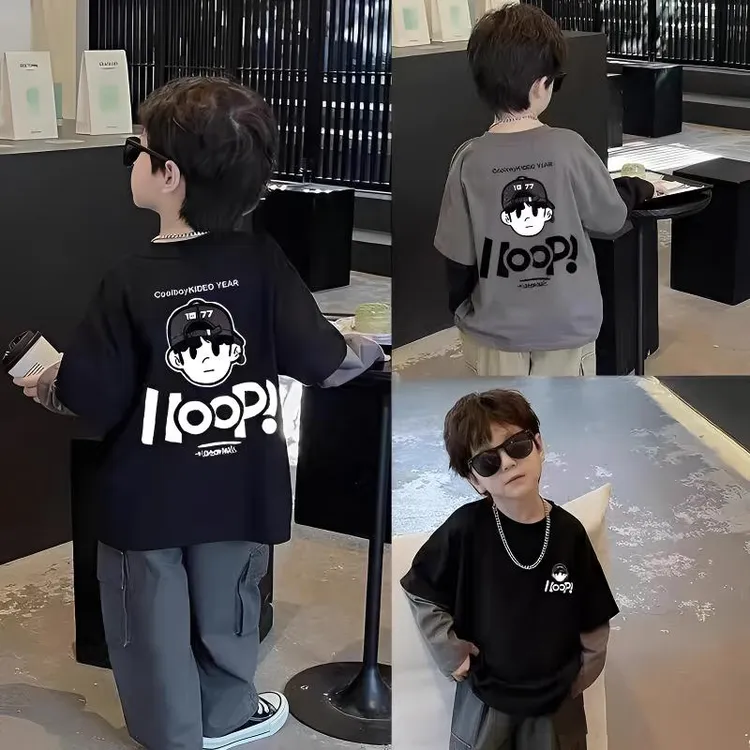 男童棉长袖T恤2025春秋新款中小童卡通假两件帅气外穿上衣打底