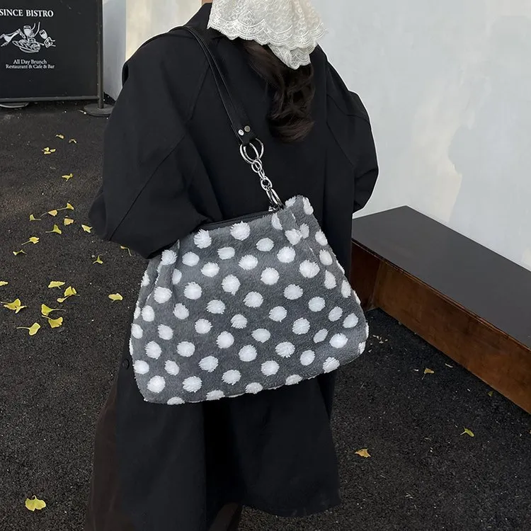 大容量毛绒波点托特包上班通勤包2025新款潮时尚百搭单肩包手提包