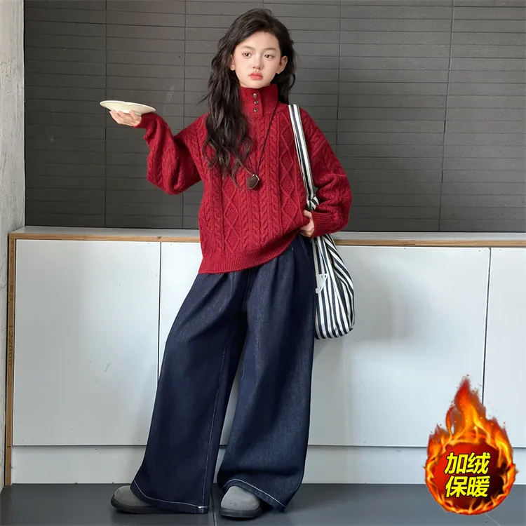 女童麻花加绒毛衣2025秋冬新款儿童中大童针织打底衫上衣洋气童装