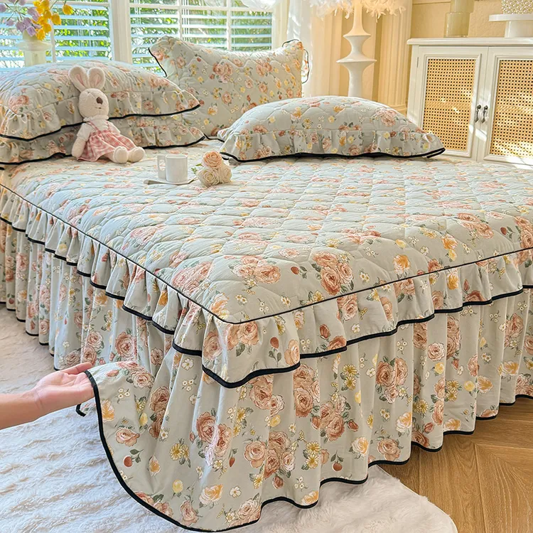 秋冬新款加厚夹棉床裙单件印花边床罩小清新床盖带裙边床单保护罩