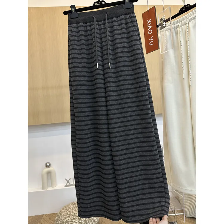 加绒加厚冬新款高级感时尚慵懒条纹拼色抽绳松紧宽松直筒休闲裤女