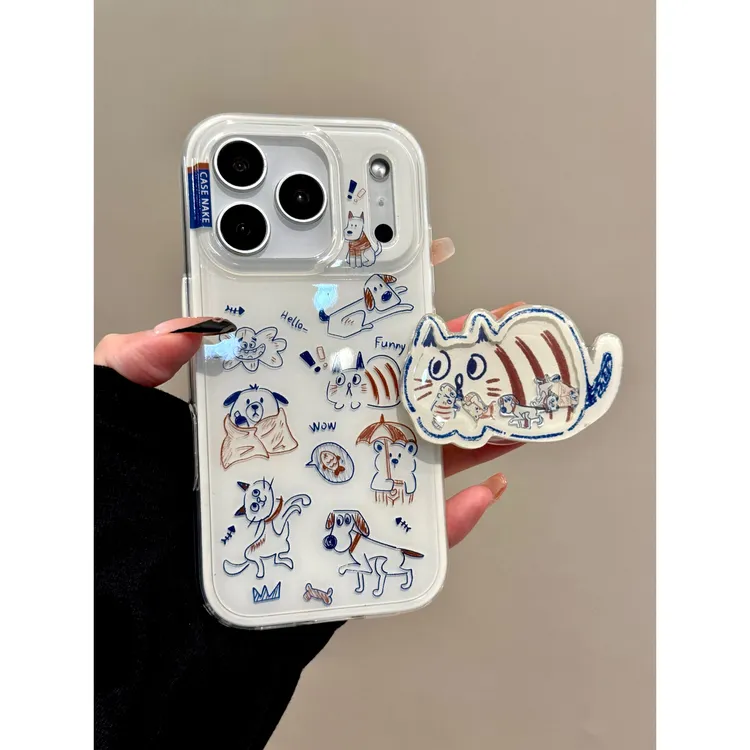适用苹果iphone17promax线描小猫16pro防摔15摇摇支架14ins手机壳