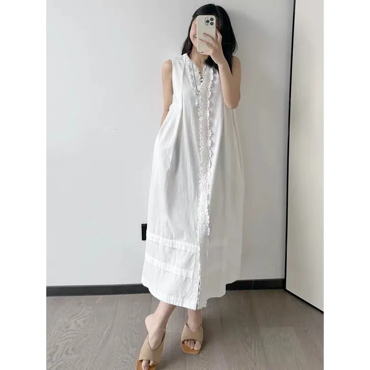 25重磅亚麻法式轻奢拼接刺绣领白色背心连衣裙气质越南小众连衣裙