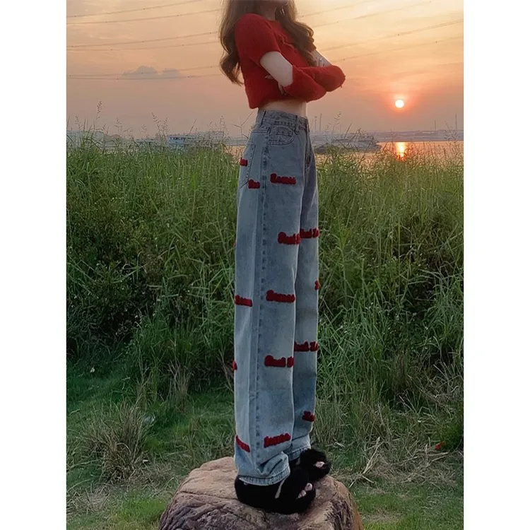 美式高街刺绣牛仔裤女夏季2025年新款宽松高腰显瘦阔腿直筒裤子