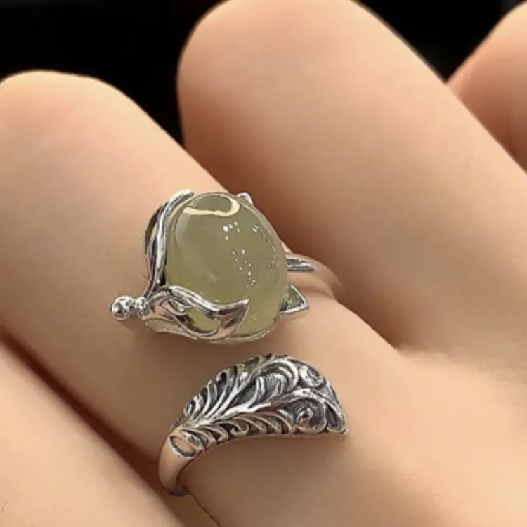 S925通体银高级感唐草纹银戒指和田玉狐狸开口国风复古设计
