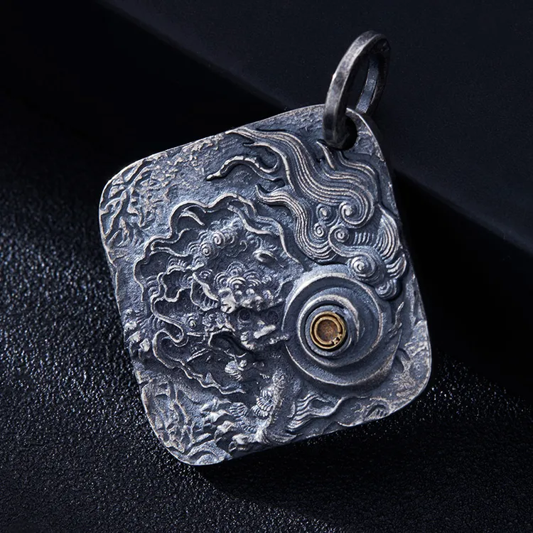 吊坠925银 男士复古个性民族风霸气貔貅吊牌挂坠做旧纯手工雕刻