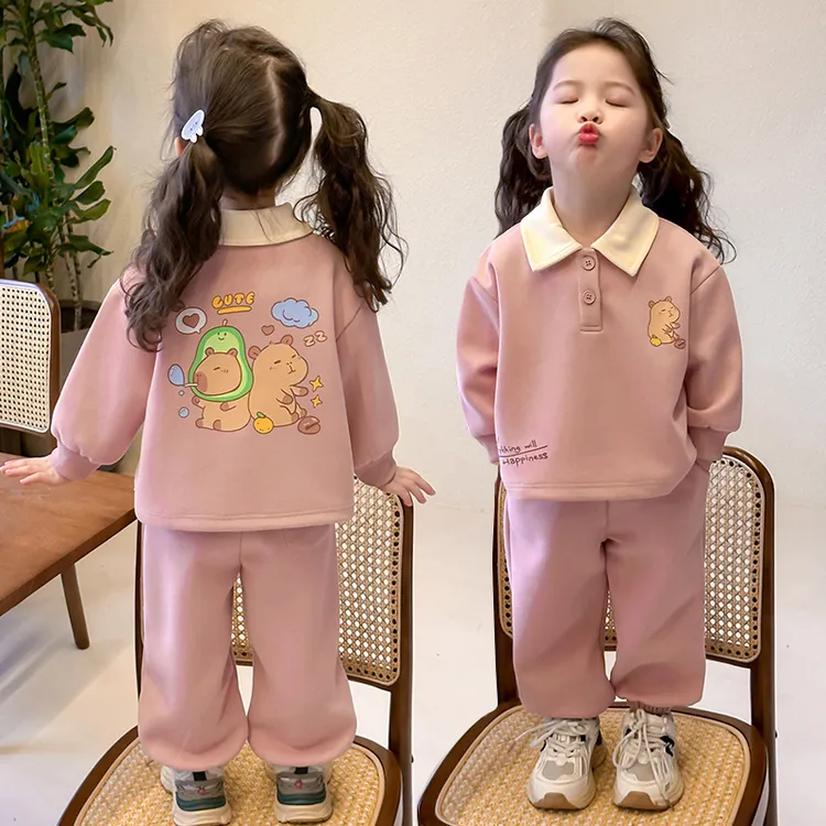 女款时尚套装春装2025新款女宝宝洋气春季撞色翻领卫衣卫裤两件套