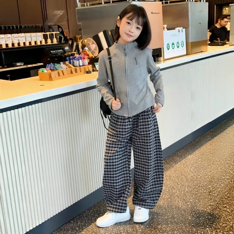 女童秋装休闲套装2025新款韩版洋气童装女孩春秋开衫格子裤两件套