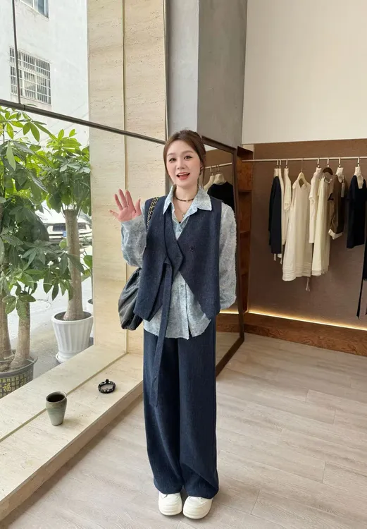 NANJIE/楠姐【蓝调美学】休闲百搭春秋显瘦马甲+衬衫+长裤套装N2375