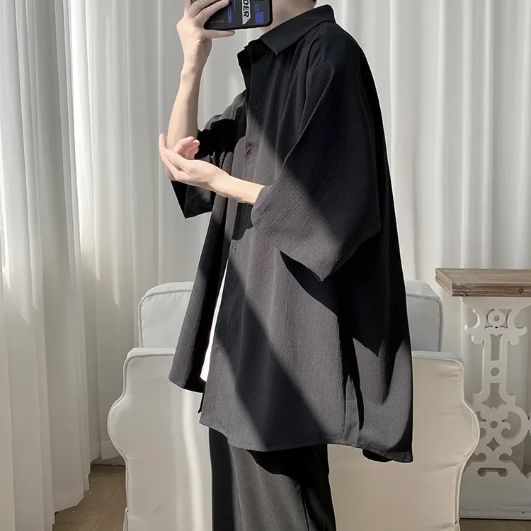 大码夏季特殊清凉面料水洗皱纯色五分袖衬衫男生简约宽松短袖衬衣