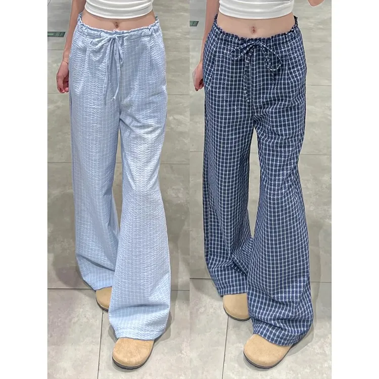蓝色韩版木耳边格子休闲裤女2025夏季新款直筒高腰显瘦宽松阔腿裤