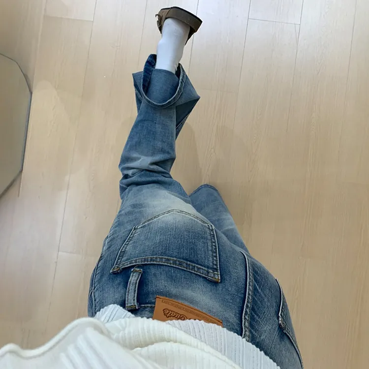 美式复古竹节纹设计感微喇牛仔裤女2025夏季高腰显瘦阔腿喇叭裤子