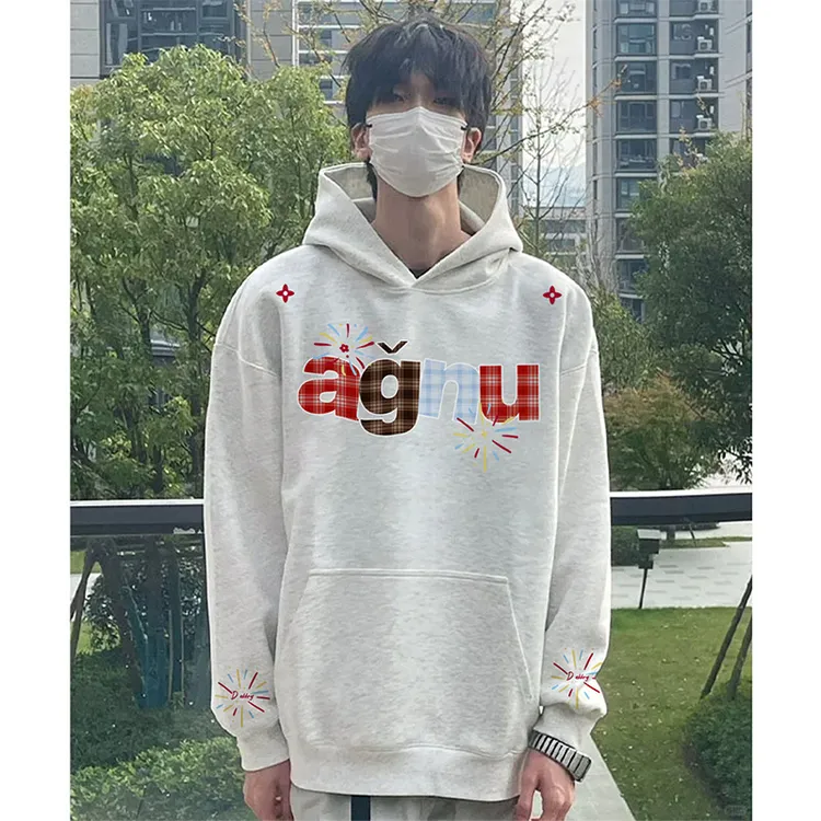 美式烟花格纹字母印花连帽卫衣男女秋冬季百搭休闲宽松情侣上衣