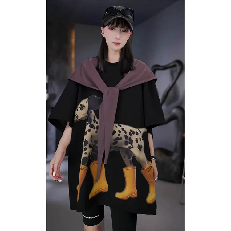 欧洲站2025夏季新款设计款小众百搭宽松动物印花可拆卸披肩T恤潮