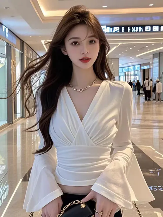 白色V领喇叭袖衬衫女秋季新款法式小众设计气质名媛修身短款上衣