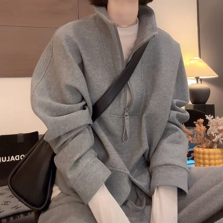 设计感拉链立领纯色卫衣女2025秋季新款慵懒风减龄通勤百搭上衣