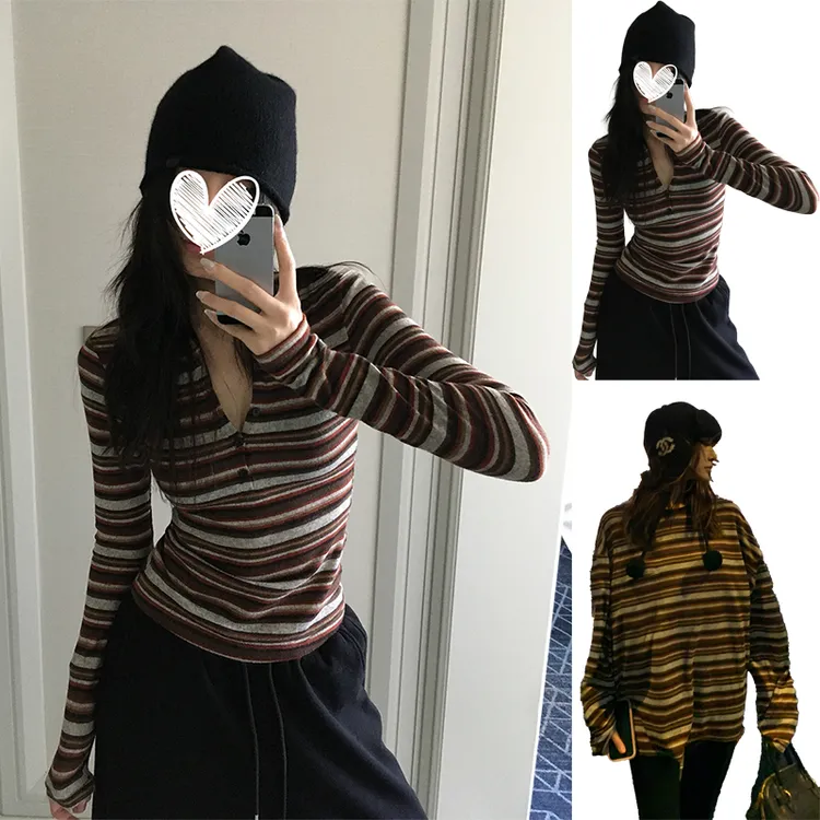 浪漫革命 撞色条纹针织长袖t恤女秋冬圆领打底宽松慵懒上衣 9188#