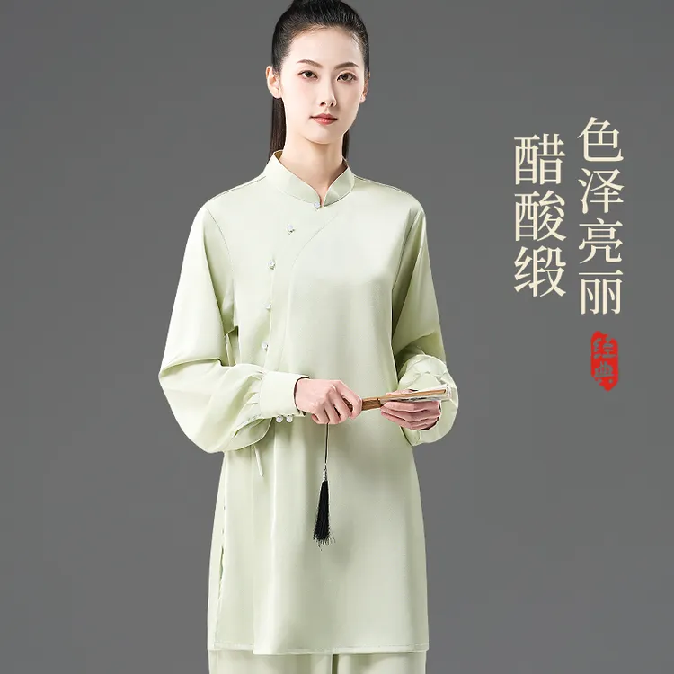 高档醋酸缎女款斜襟太极服春夏秋季中长款休闲练功服太极拳服装