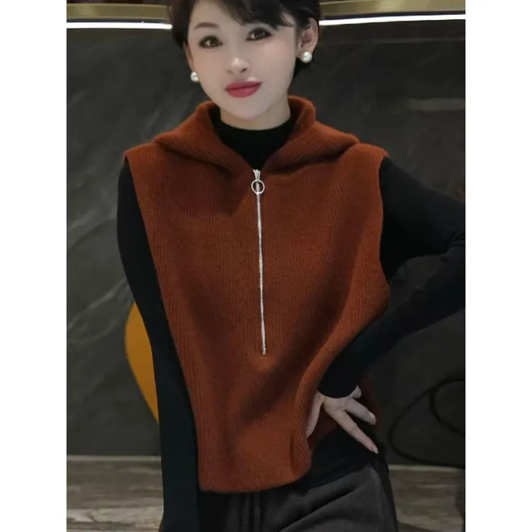 【慵懒感】秋冬欧货时尚连帽设计感无袖针织女款高端马甲毛衣上衣