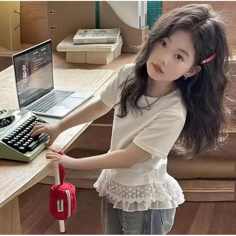 【亲子装】女童夏季蕾丝拼接短袖2025夏装韩版小女孩甜美时髦T恤