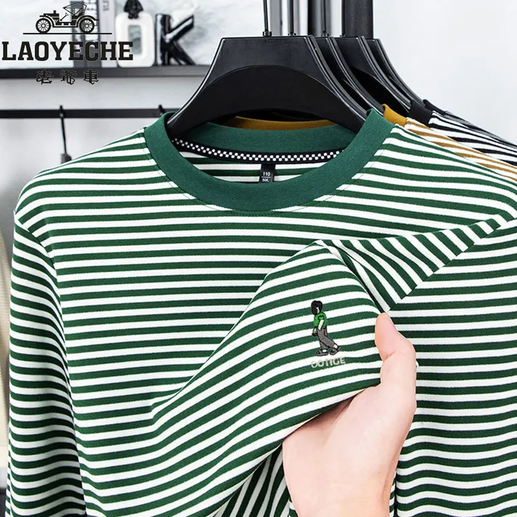 老爷车秋冬季双面绒刺绣长袖T恤男条纹休闲潮流小人刺绣上衣体恤