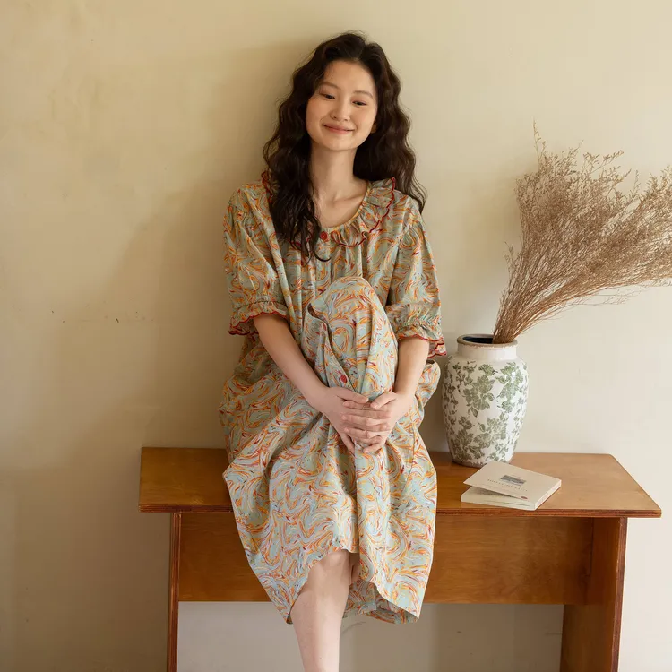 族玛士睡裙女士2025新款夏季天短袖长裙子梭织纯棉大码家居服睡衣