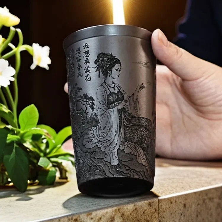 宜兴原矿紫砂手工石黄刻绘美女大容量可乐杯主人杯280cc