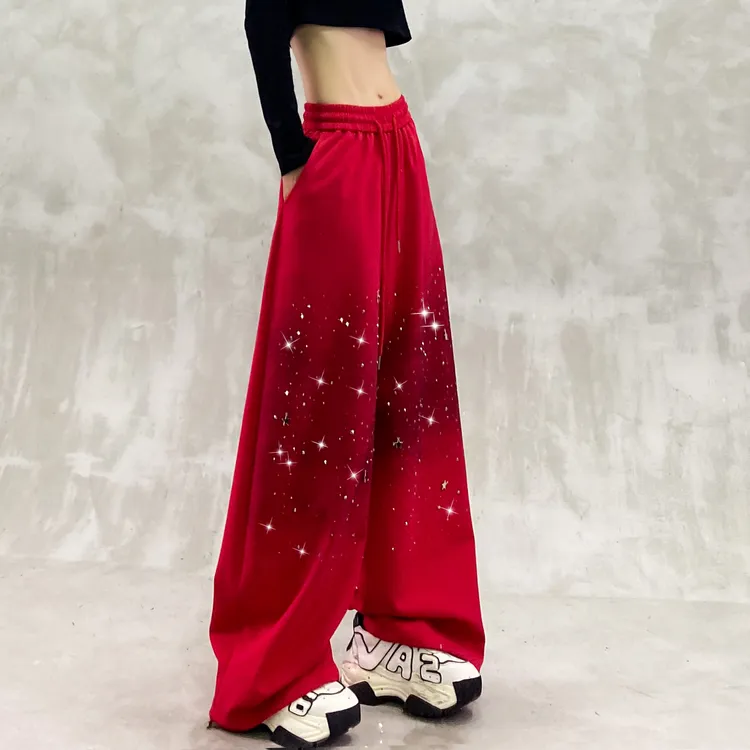 炫酷烫钻设计运动休闲裤女秋新款高腰宽松显瘦百搭直筒阔腿拖地裤