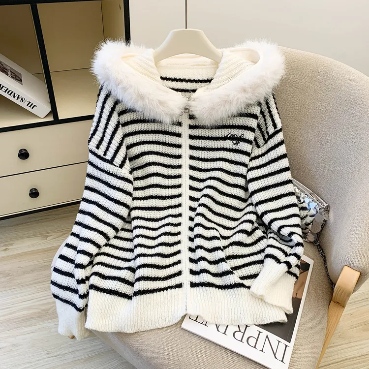 韩系秋冬条纹大毛领连帽开衫毛衣女宽松慵懒针织衫外套上衣网红