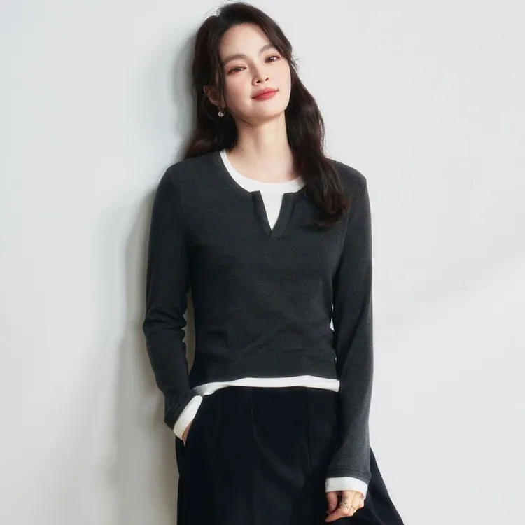 25春季新款时髦领T恤休闲显瘦慵懒长袖V百搭针织衫假两件打底上衣