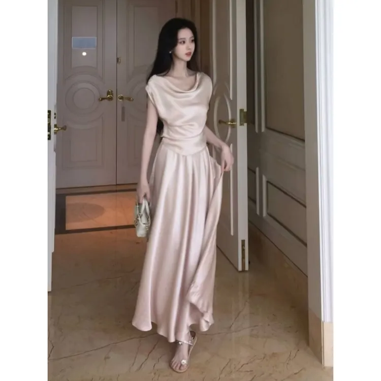 【月华】斜裁荡领微喇半身长裙极简缎光仿醋酸套装高个子加长版型