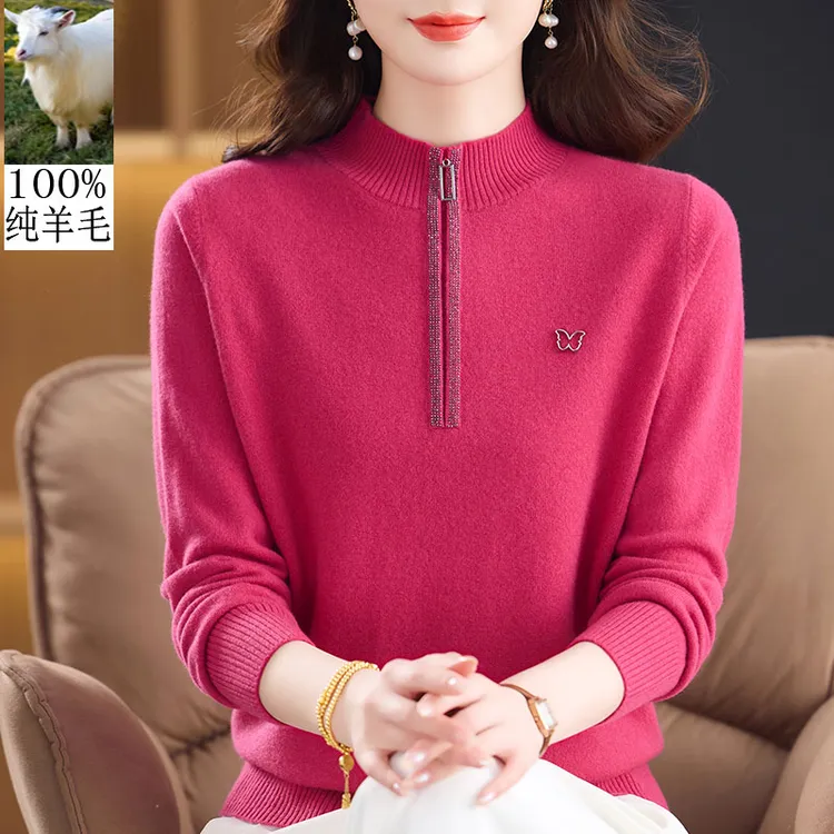 洋气妈妈装秋冬新款100%纯羊毛半高领高档套头衫纯色保暖打底上衣