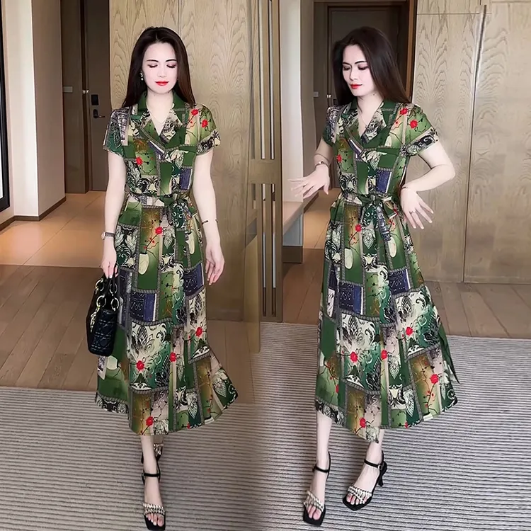 碎花短袖连衣裙女2025夏季新款收腰系带中长裙气质优雅减龄a字裙