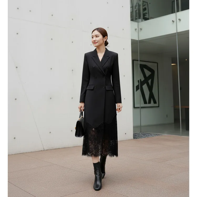 女人味设计感蕾丝边气质连衣裙女秋轻奢风收腰西装裙HBZXP622331