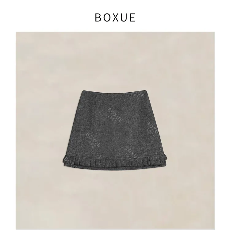 BOXUE“娜维娅”2025秋冬羊.毛羊.绒压褶半身裤裙 裙子#251215Q7708