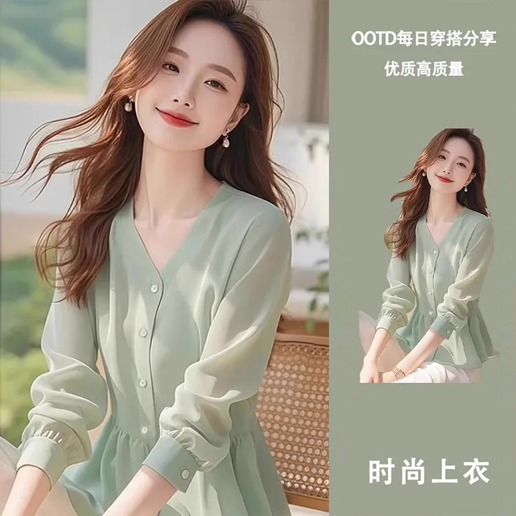 设计感气质浅绿色衬衫女2025新款爆款洋气流行别致高级感上衣女款