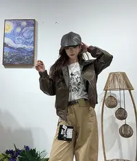 186区90咖色翻领拉链短款女士外套