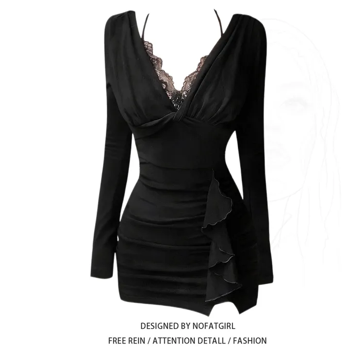 大码胖MM性感V领蕾丝拼接连衣裙女秋冬新款假两件收腰内搭包臀裙