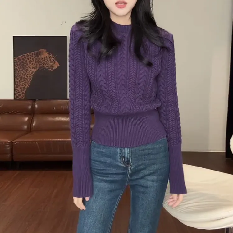 高级感收腰毛衣打底衫内搭女装秋冬2025新款上衣紫色麻花立领毛衣