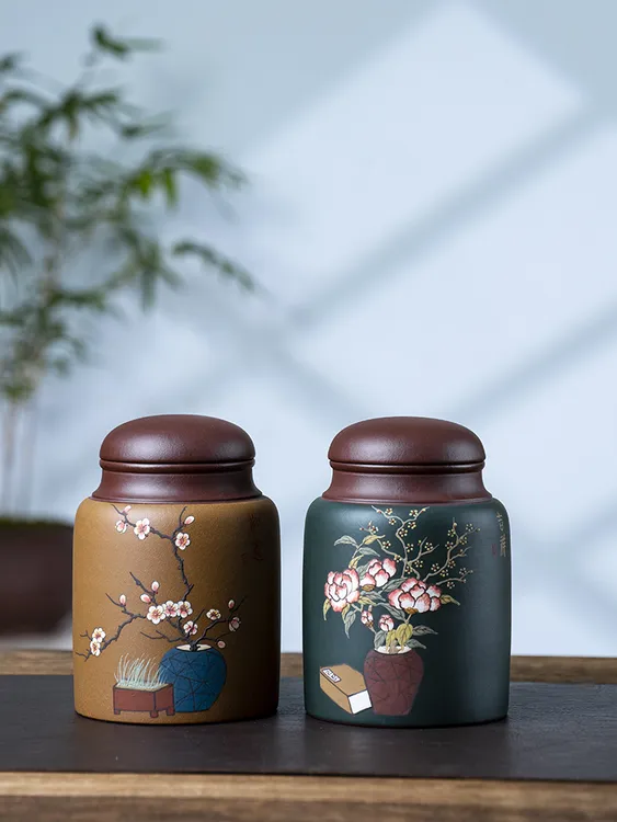 宜兴紫砂清供泥绘高端精品防潮密封储存茶仓家用中式防茶罐大号罐