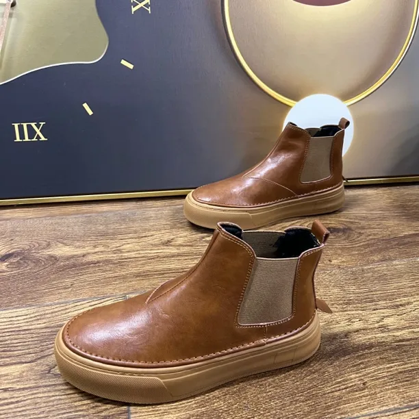 皮面新款高帮学院风车缝线马丁靴切尔西靴潮流时尚厚底棕色