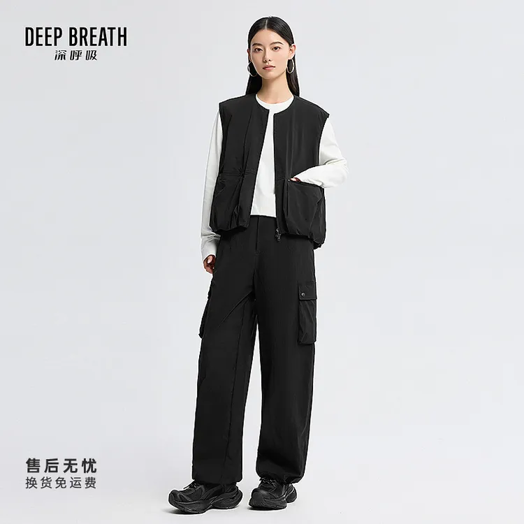 DEEP BREATH深呼吸圆领马甲外套束脚工装裤套装女A401497-A100484
