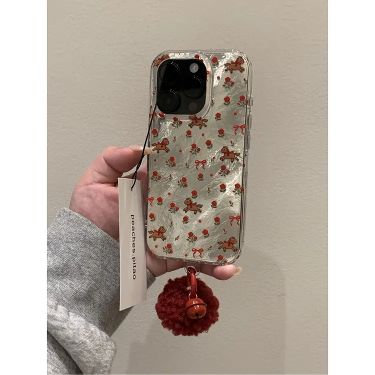 ins玫瑰小马铃铛适用苹果17Promax/16手机壳iPhone15冰川纹14/13