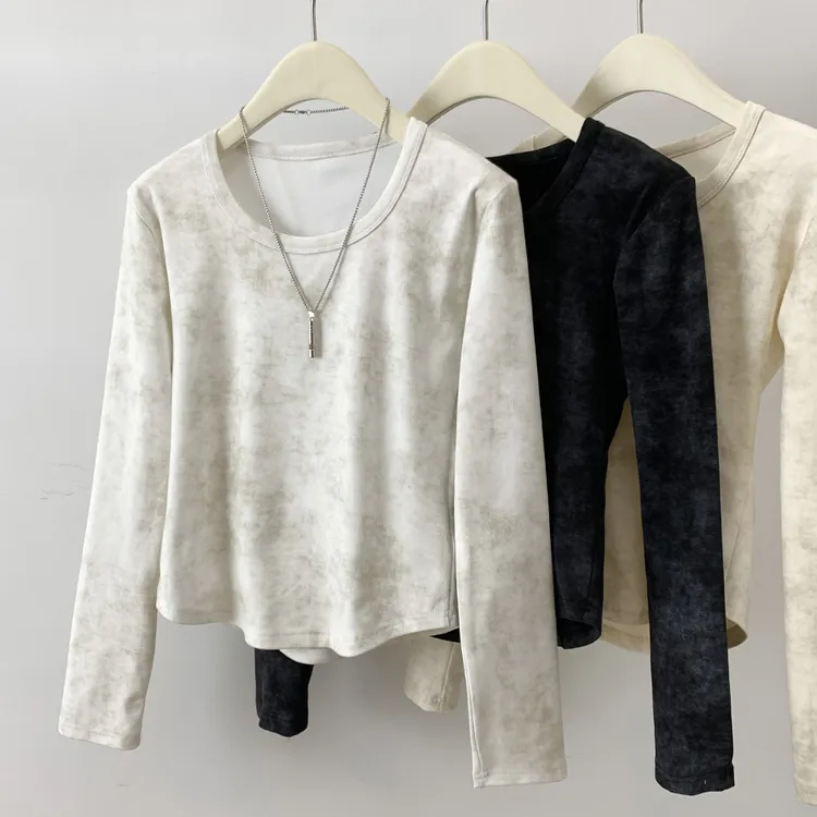 扎染椰油绒正肩长袖T恤女士秋冬季设计感修身显瘦内搭打底衫上衣