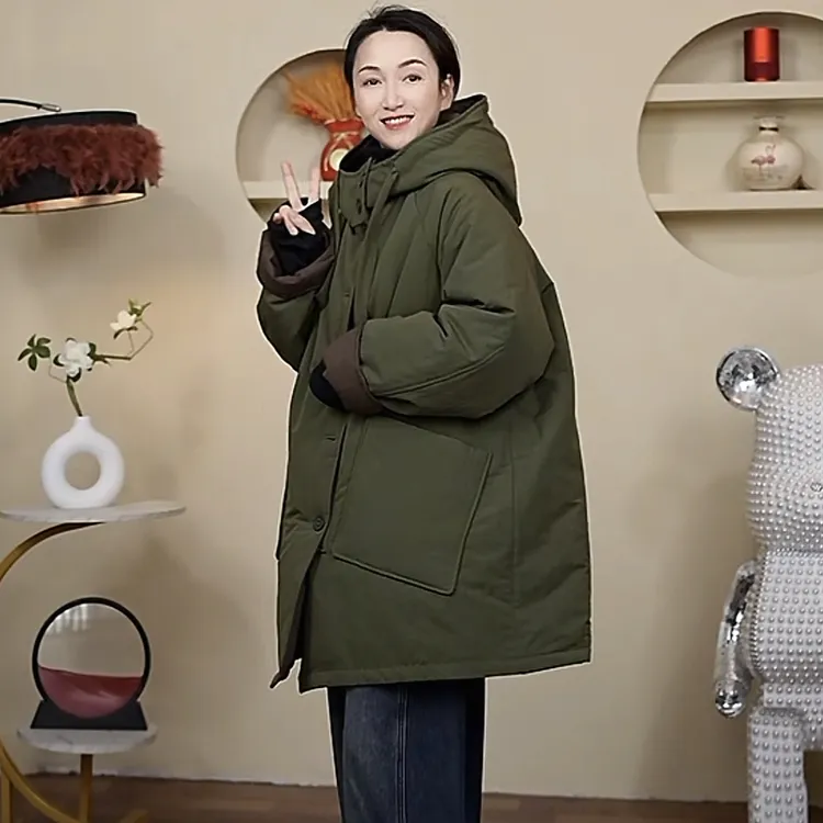 冬季新款休闲简约时尚宽松中长款加厚保暖连帽抽绳两面穿棉服外套